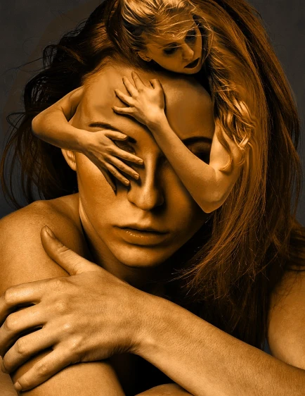 a woman covering her face with her hands, an airbrush painting, inspired by Igor Morski, featured on zbrush central, woman holding another woman, sepia photography, childhood, sculpture made of gold