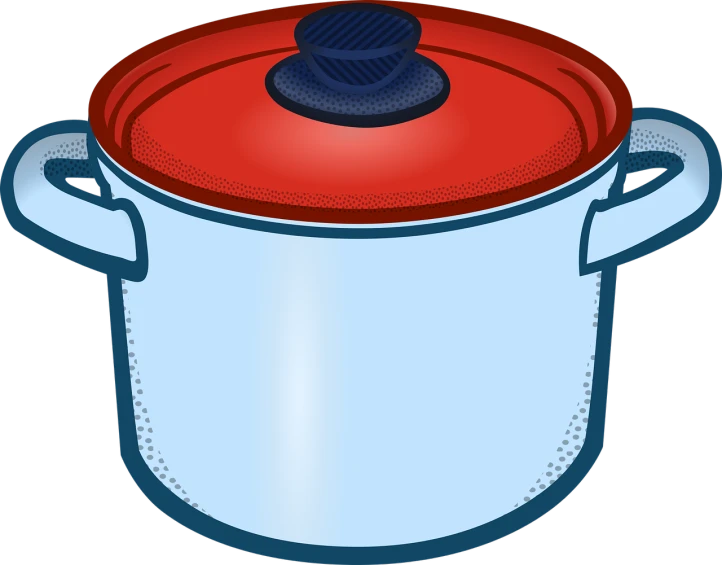 a pot with a lid on a black background, a digital rendering, pop art, blue and red two - tone, clipart, white background and fill, recipe