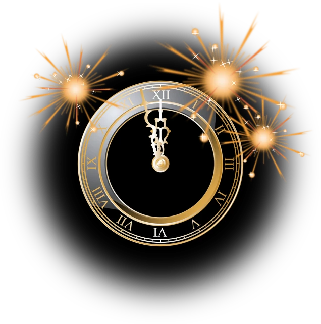 a close up of a clock with fireworks in the background, a digital rendering, art deco, svg illustration, black and gold rich color, without text, circular