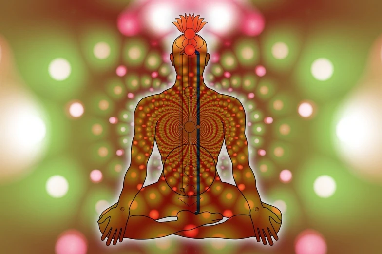 a drawing of a person sitting in a lotus position, a digital rendering, psychedelic art, red spike aura in motion, centered full body rear-shot, healing tubes, chakra diagram