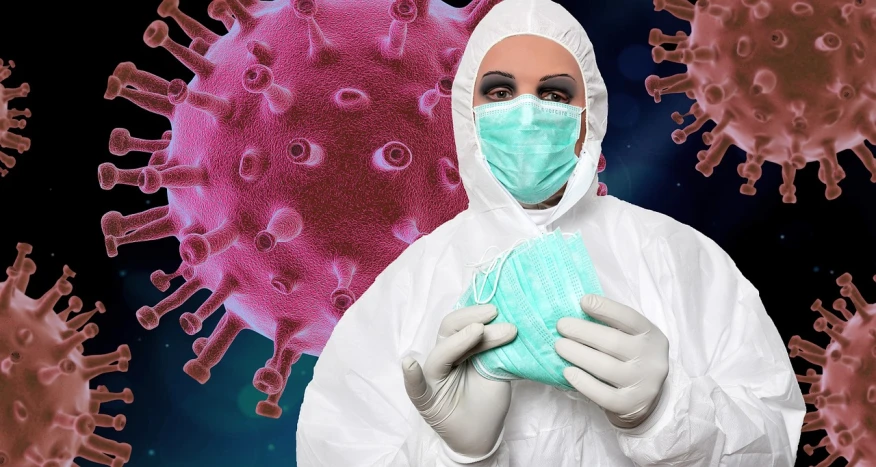 a man in a protective suit holding a bag of tissues, a portrait, by Jeka Kemp, shutterstock, composite, islamic, beauty is a virus, ladies