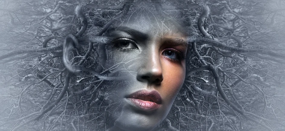 a close up of a woman's face with trees in the background, inspired by Igor Morski, frozen cold stare, cybernetic webs, reflective faces, in the astral plane ) ) )