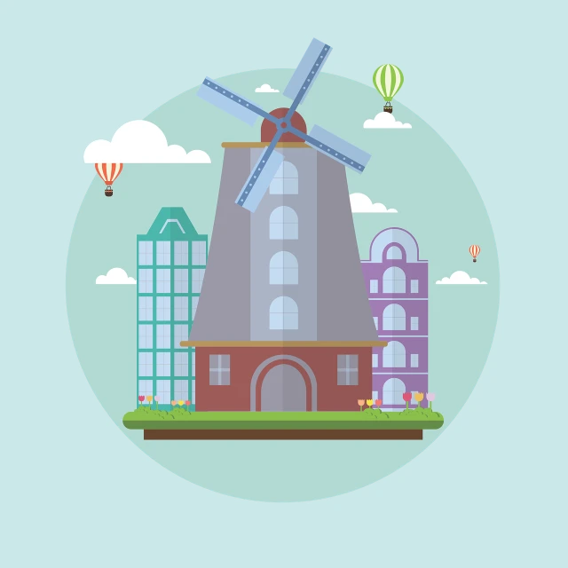 a windmill sitting on top of a lush green field, concept art, colorful flat design, city street view background, round buildings in background, fresh bakeries in the background