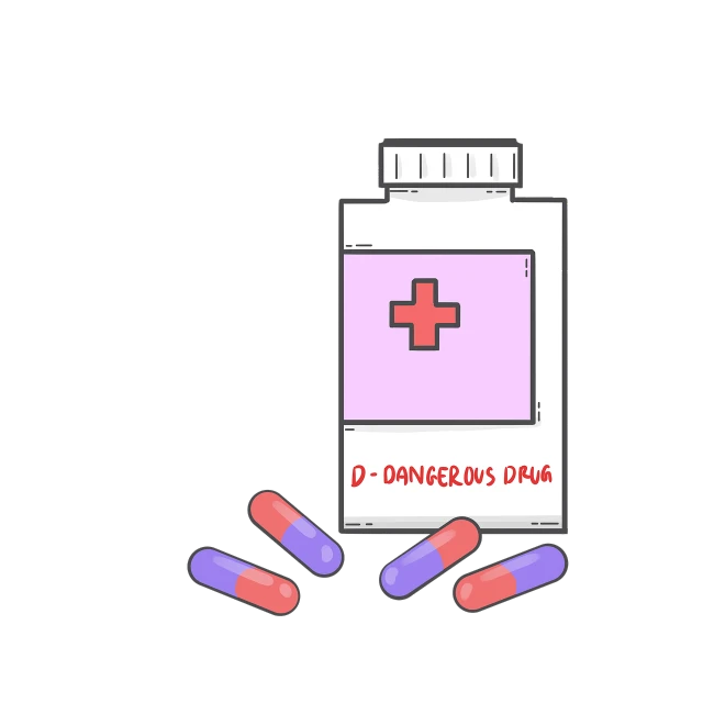 a medicine bottle with pills spilling out of it, an illustration of, tumblr, antipodeans, color dnd illustration, on black background, danger, obunga