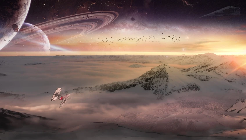 a group of people standing on top of a snow covered mountain, a matte painting, cgsociety contest winner, space art, the sky is pink, planet with rings, flying above the clouds, spring on saturn