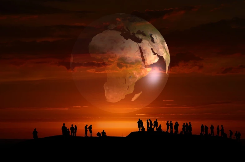 a group of people standing on top of a hill, digital art, shutterstock, digital art, planet earth in the foreground, sunset photo, silhouette!!!, exterminatus on earth