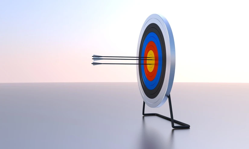 an arrow stuck in the center of a target, a 3D render, by Niko Henrichon, pixabay, medium shot angle, longbow, product design shot, morning shot