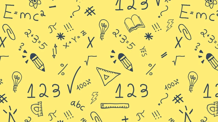 a bunch of drawings on a yellow background, by Joseph-Marie Vien, pixabay, equations, seamless, detailed school background, on simple background