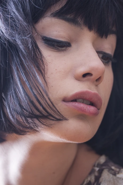 a close up of a person with a cell phone, a photorealistic painting, inspired by Elsa Bleda, hyperrealism, short black hair with bangs, soft portrait shot 8 k, sexy lips :5 stylish, alessio albi