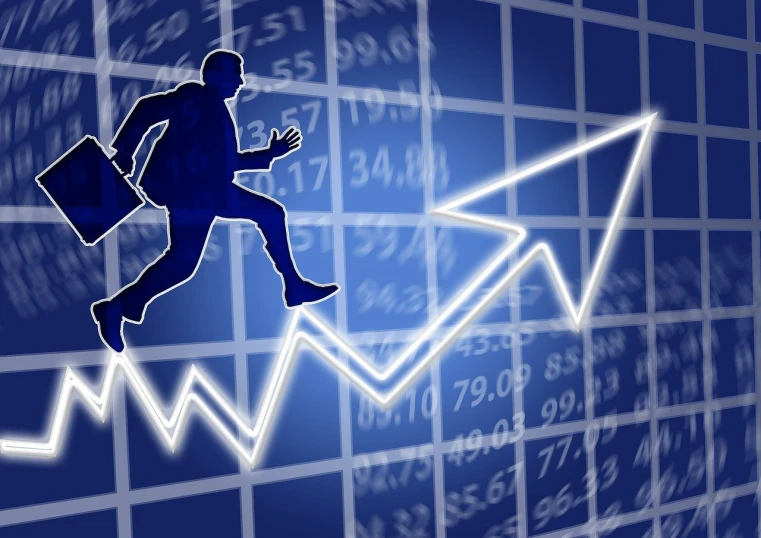 a man flying through the air while holding a briefcase, a digital rendering, by Julian Allen, trending on pixabay, displaying stock charts, victory lap, high res photo, small steps leading down