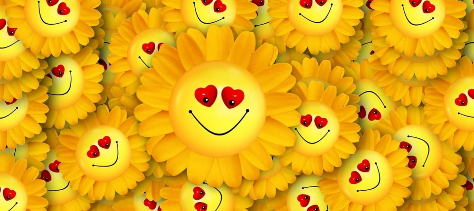 a lot of yellow flowers with ladybugs on them, a picture, pixabay, toyism, smiley face, sunbeams. digital illustration, heart eyes, hd screenshot