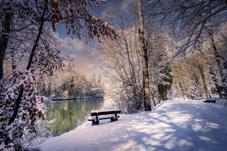 a bench that is sitting in the snow, by Cedric Peyravernay, romanticism, wide angle river, beautiful serene landscape, nice colors, fairy tale place