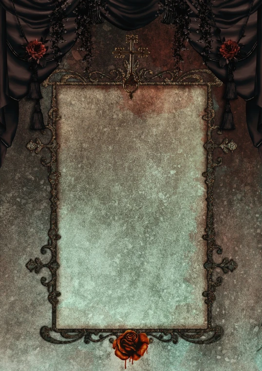 a picture frame with a rose on a grungy background, a poster, inspired by Santiago Caruso, deviantart contest winner, gothic art, uniform background, bloodborne cathedral, adorned with demon skulls, bottom - view