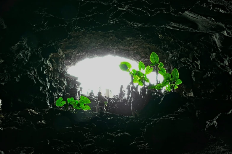 the sun shines through a hole in a cave, moai seedling, many people, high detailed photo, high res photo