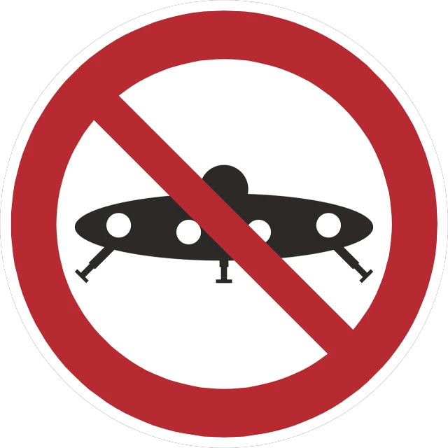 a red and white sign with a picture of a spaceship, pixabay, antipodeans, no helmet!!!!, forbidden planet, flying cars, no logo