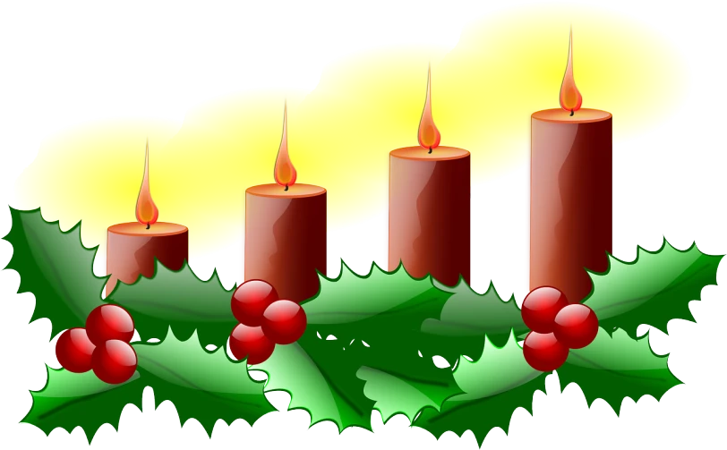 three lit candles surrounded by holly leaves and red berries, a digital rendering, by Istvan Banyai, pop art, facing left, four, has a laurel wreath, a bald