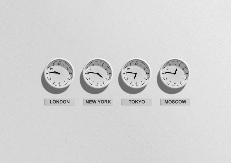 a group of clocks sitting on top of a white wall, international typographic style, cities, white and grey, accurate geography, four