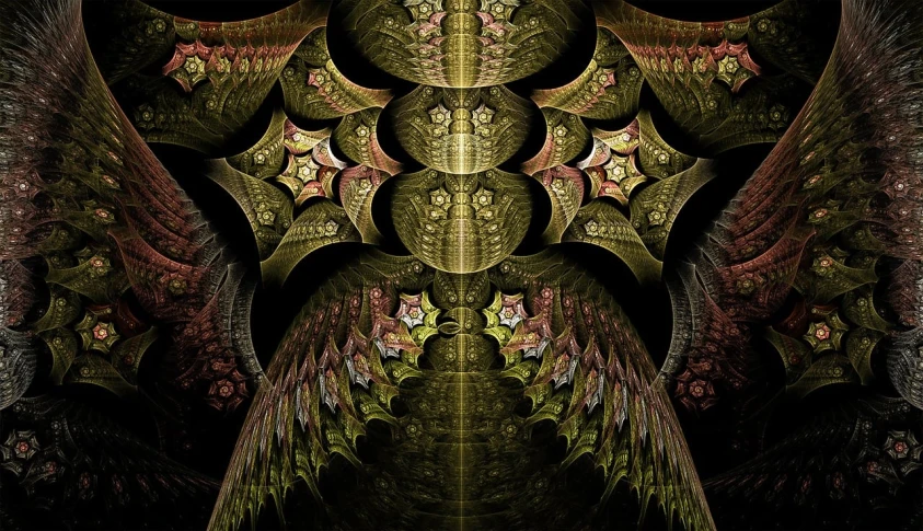a computer generated image of an intricate design, digital art, flickr, cosmic horror entity with wings, vertical symmetry, baroque cloth, ancient”