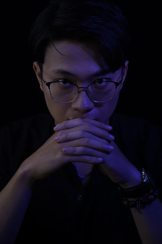 a close up of a person wearing glasses, inspired by Zhu Da, shot at night with studio lights, thoughtful pose, portrait picture, hand over mouth