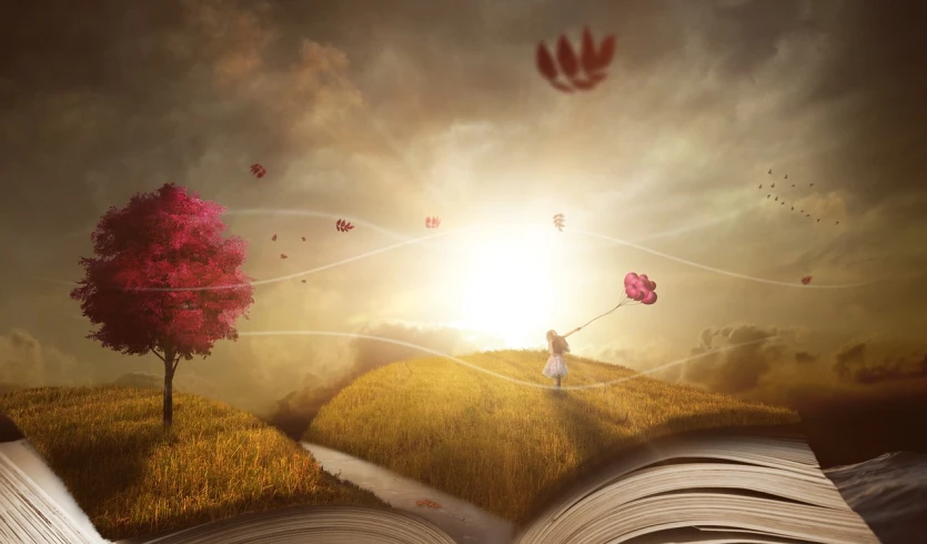 an open book sitting on top of a lush green field, a storybook illustration, inspired by Gediminas Pranckevicius, pixabay contest winner, digital art, pink petals fly, marc adamus, soft autumn sunlight, little girl with magical powers