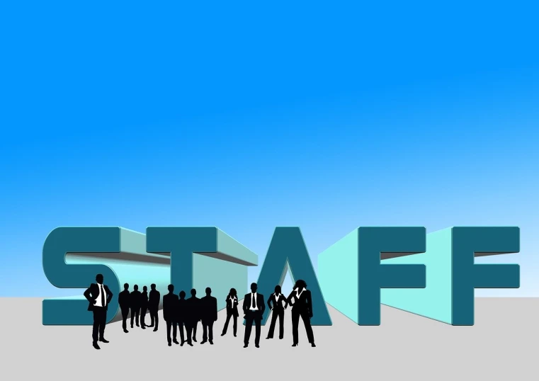 a group of people standing in front of the word staff, an illustration of, by Beta Vukanović, shutterstock, conceptual art, worksafe. illustration, sky - fi, stock photo, shaded flat illustration