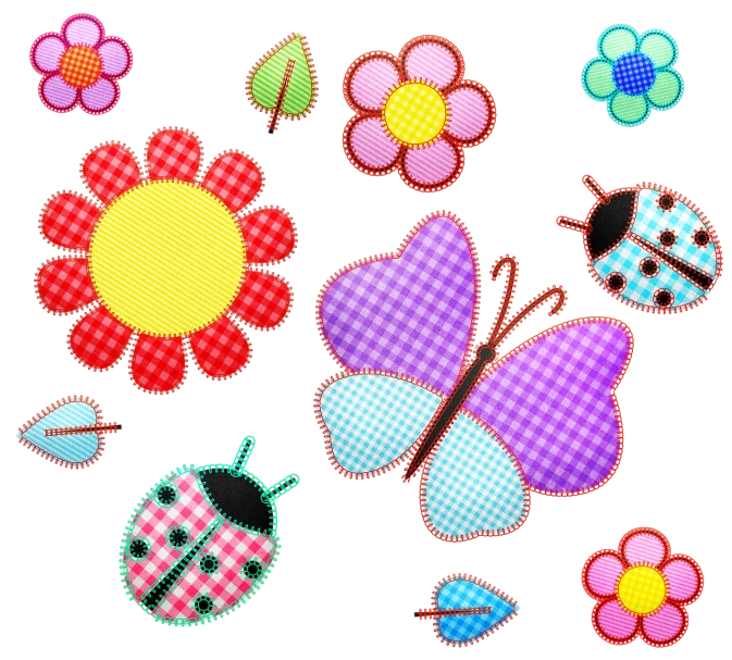 a collection of ladybugs and flowers on a black background, digital art, toyism, stitching, checkered motiffs, seasons!! : 🌸 ☀ 🍂 ❄, clip-art