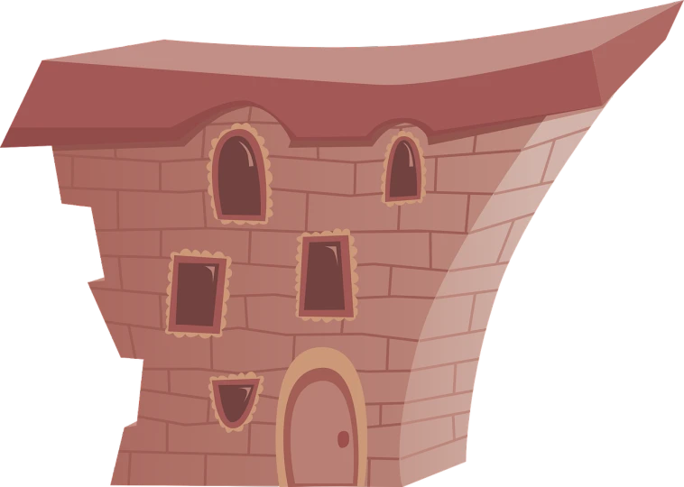 a castle like building with a brown roof, pixabay, conceptual art, courage the cowardly dog, upside - down building, 2d side view, wall