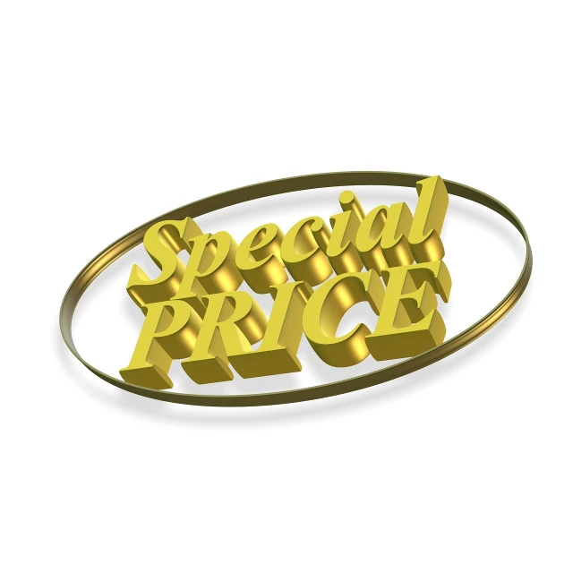 a gold sign that says special price on a white background, a digital rendering, the ring is horizontal, in style of col price, on a reflective gold plate, complex scene