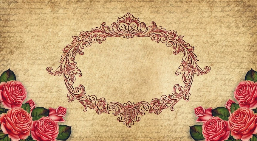a picture of some red roses on a piece of paper, a digital rendering, baroque, intricate art nouveau frame, background image, 4k high res, old paper