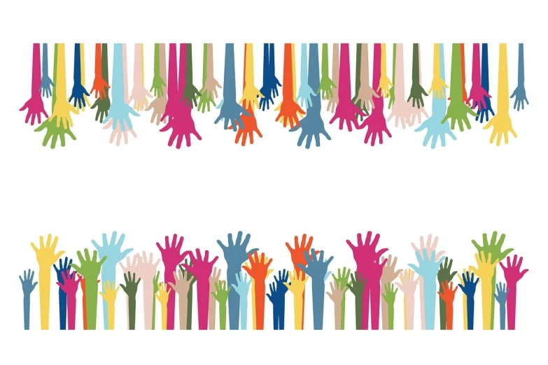 a group of multicolored hands on a white background, a cartoon, digital banner, border, background is white, stems