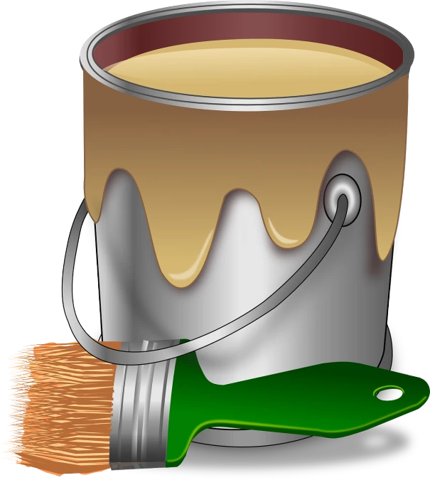 a paint can with a brush next to it, a digital painting, pixabay, cutout, construction, varnished, milk