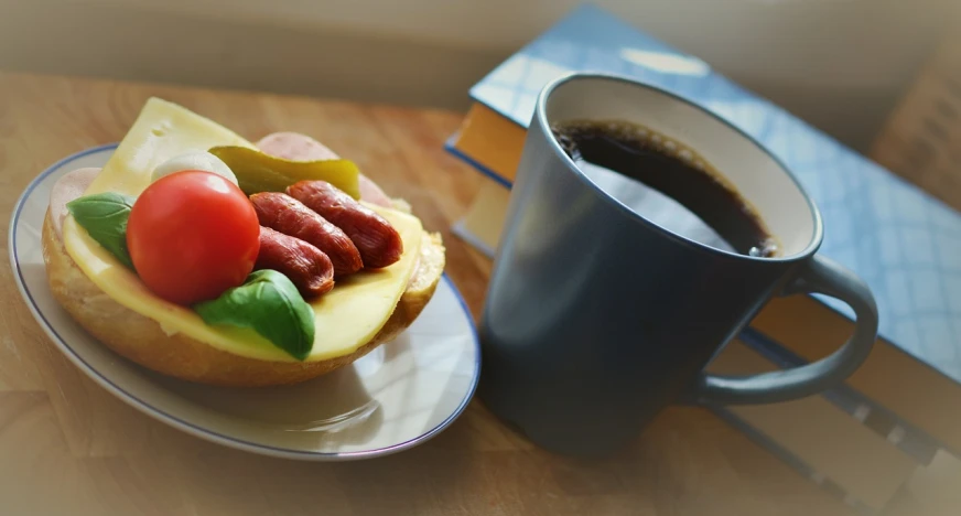 a plate of food next to a cup of coffee, a picture, by Dietmar Damerau, pexels, hot dog, avatar image, :: morning, college