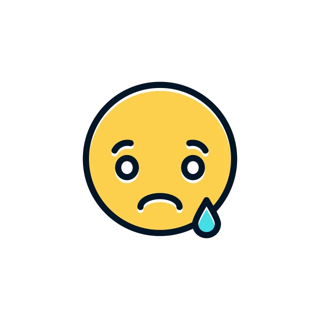 a sad face with a tear coming out of it, minimalism, flat color and line, emoji, drops, frustrated detailed