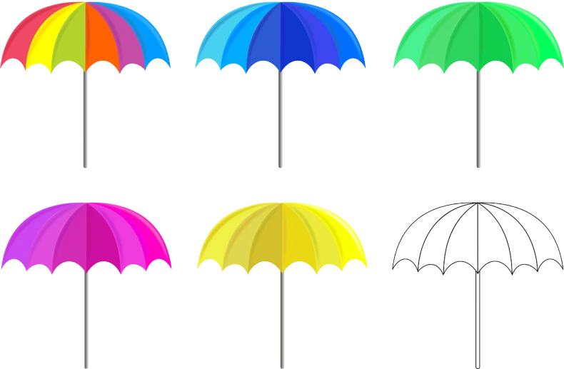 four different colored umbrellas on a white background, by Kinichiro Ishikawa, shutterstock, pop art, no gradients, on the beach, 6 colors, shell