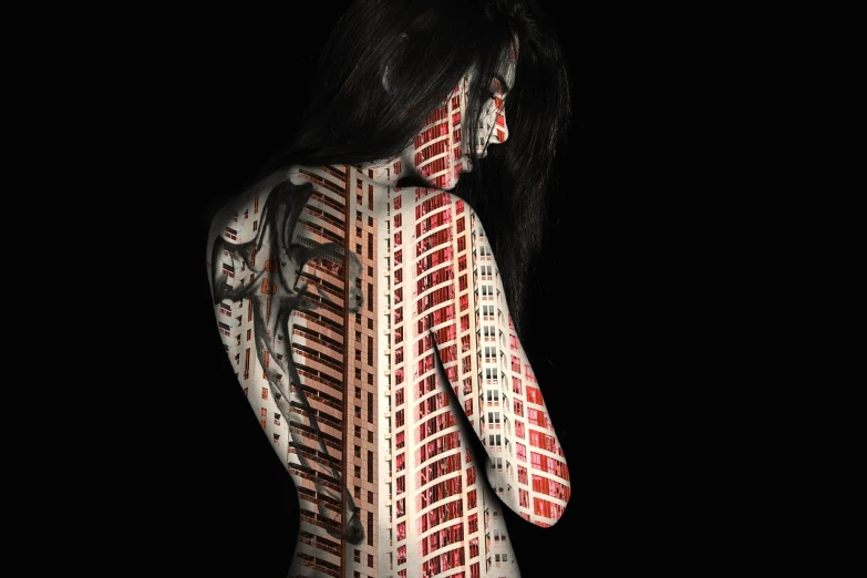 a woman with a pattern painted on her body, inspired by Igor Morski, shutterstock contest winner, digital art, dystopian city apartment, a still of kowloon, from the side, high exposure photo