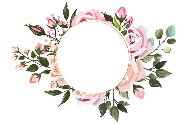 a floral frame with pink roses and green leaves, vector art, pixabay, romanticism, black circle, background image, no - text no - logo, cotton