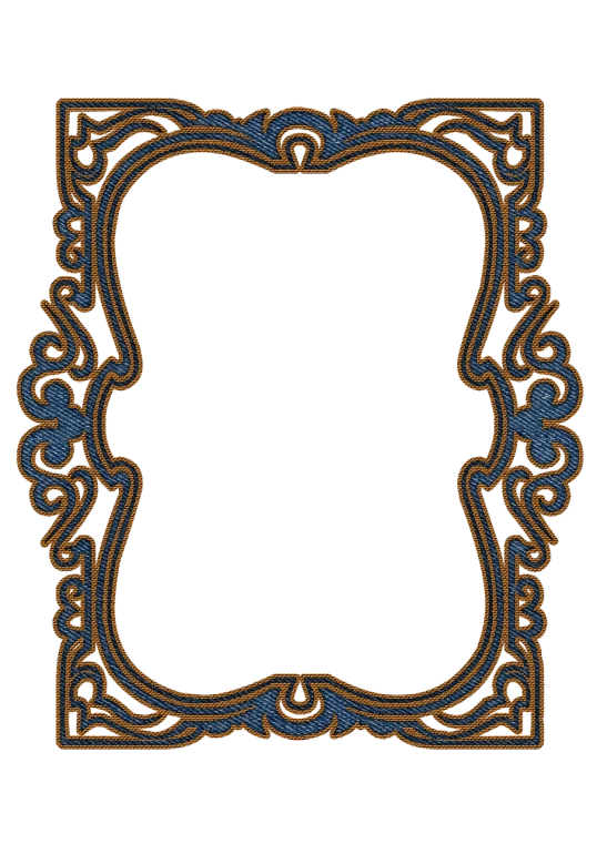 a blue and gold frame on a black background, a digital rendering, by Andrei Kolkoutine, behance, art nouveau, beaded embroidery, curvaceous. detailed, blue orange, fine lace