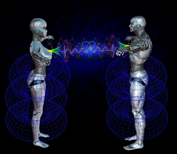 a couple of robots standing next to each other, holography, muscular men entwined together, sound waves, connection rituals, torus energy