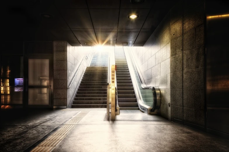 an escalator and some stairs in a building, a detailed matte painting, golden hour in tokyo, photorealistic photo, great textures and lighting, subway station