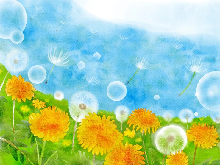 a painting of dandelions blowing in the wind, a watercolor painting, by Chiho Aoshima, pixabay, bubbly underwater scenery, marigold background, clear summer sky background, bubble background