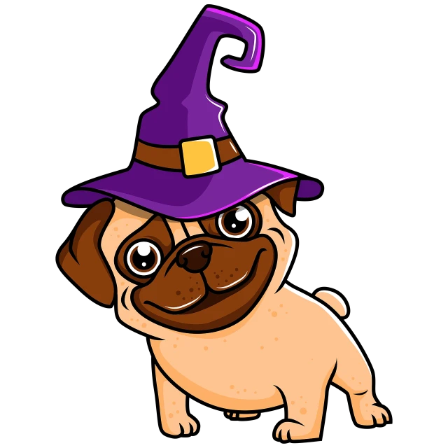 a cartoon pug dog wearing a witch hat, on black background, full color illustration, clipart, mystic illustration