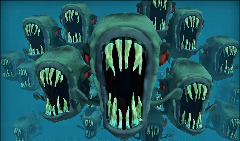 a group of fish with their mouths full of teeth, by Lisa Nankivil, polycount, digital art, from doom, from sam and max, scary picture, torquoise fantasy fanged medusa