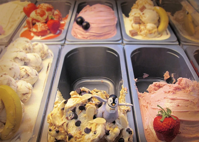 a display case filled with lots of different types of ice cream, a photo, flickr, wide angle”, grain”, slice of life”, ballard