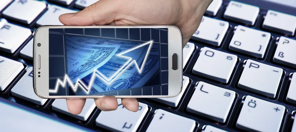 a close up of a person holding a cell phone, a digital rendering, by Adam Marczyński, pixabay, trading stocks, keyboard, by joseph binder, cash