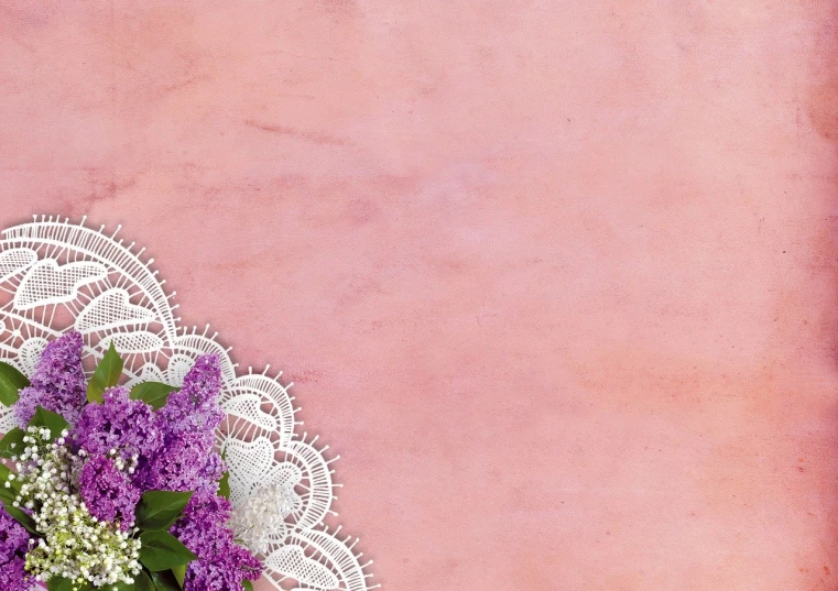 a bouquet of flowers sitting on top of a table, a picture, art deco, lace web, digital background, pink concrete, lilacs
