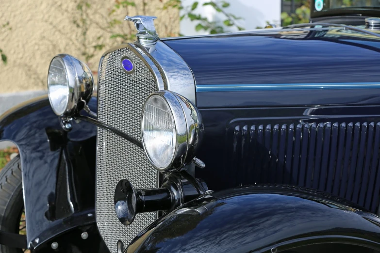 a close up of the front of a vintage car, 1 9 3 0 style, blue headlights, transparent black windshield, very sharp and detailed photo