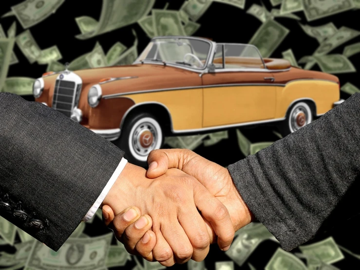 two men shaking hands in front of a car, by Tom Carapic, trending on pixabay, conceptual art, banknote, sold at an auction, mercedez benz, alamy stock photo