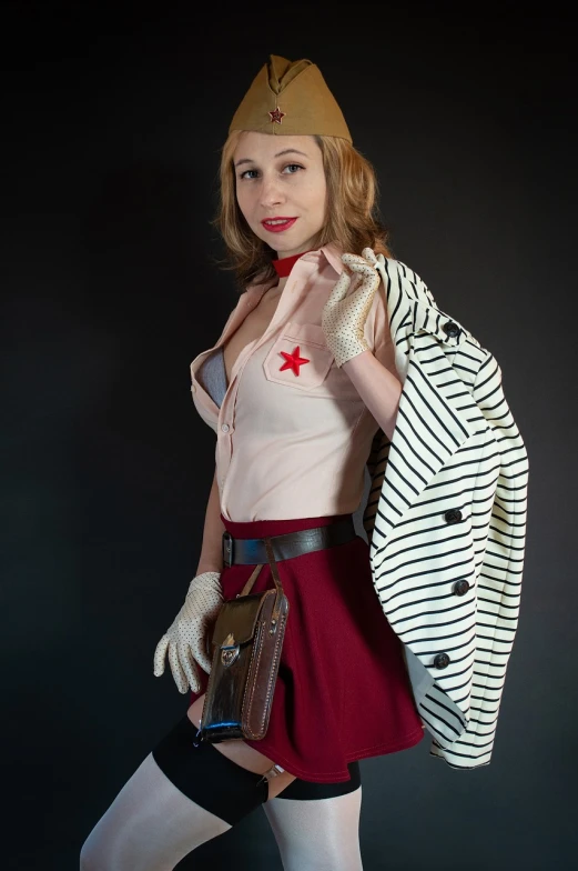 a woman dressed as a nurse poses for a picture, a portrait, inspired by Tex Avery, tumblr, armored dieselpunk wardrobe, ann takamaki from persona 5, female sheriff, half body photo