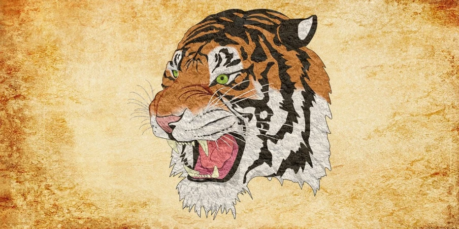 a drawing of a tiger with its mouth open, inspired by Augustin Meinrad Bächtiger, trending on pixabay, sumatraism, layered paper style, hd detailed texture, istock, ukiyoe style