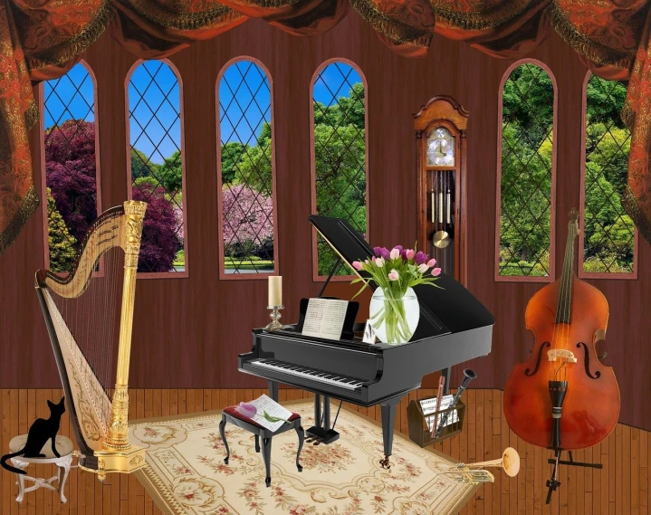 a living room filled with furniture and a piano, a digital rendering, inspired by Louis Eilshemius, baroque, ancient interior tent background, warm spring, stunning screenshot, cello